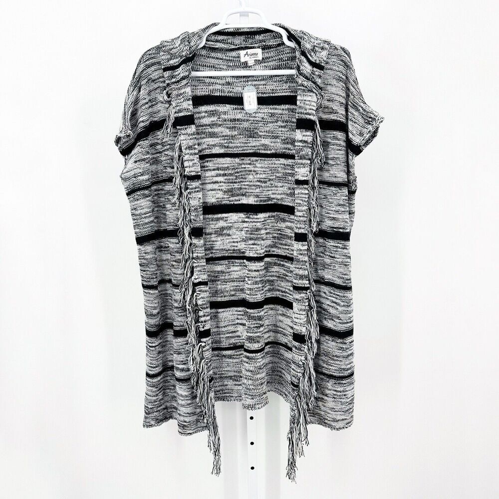 Arianna By Howard Womens Cardigan One Sz Black White Stripe Hooded Fringe Duster